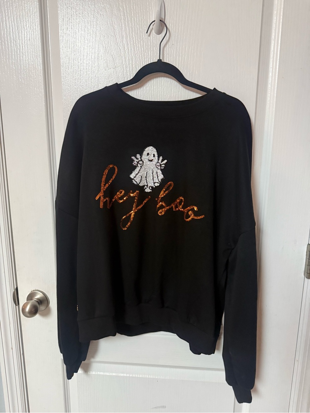 Simply Southern Black Crewneck with White Sequin Ghost and Copper Script